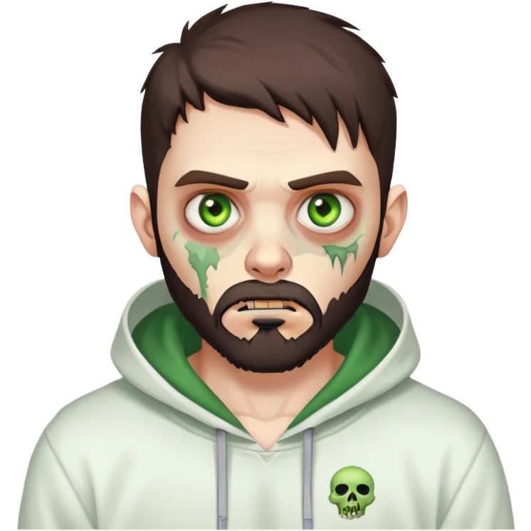 zombie pointing finger, undercut hairstyle with dark brown hair, short full beard, heterochromia with one green eye and one brown eye, wearing plain white hoodie emoji