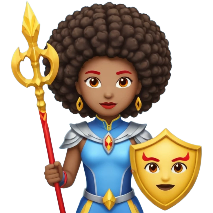 Emoji metisse femboy mais plus masculin avec drapeau ukrainien arriere plan, un afro, sourcils rouge, fourche trident, et eclairs et sur fond bleu clair irrisé. emoji