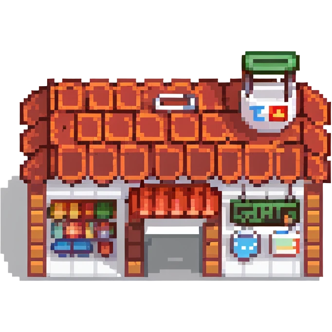 isometric supermarket building with red tiled roof, store entrance, and small parking area emoji