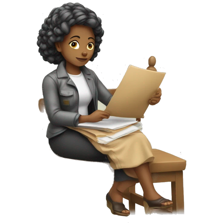 Mulher gordinha sentada na cadeira com placa escrita gerência  emoji