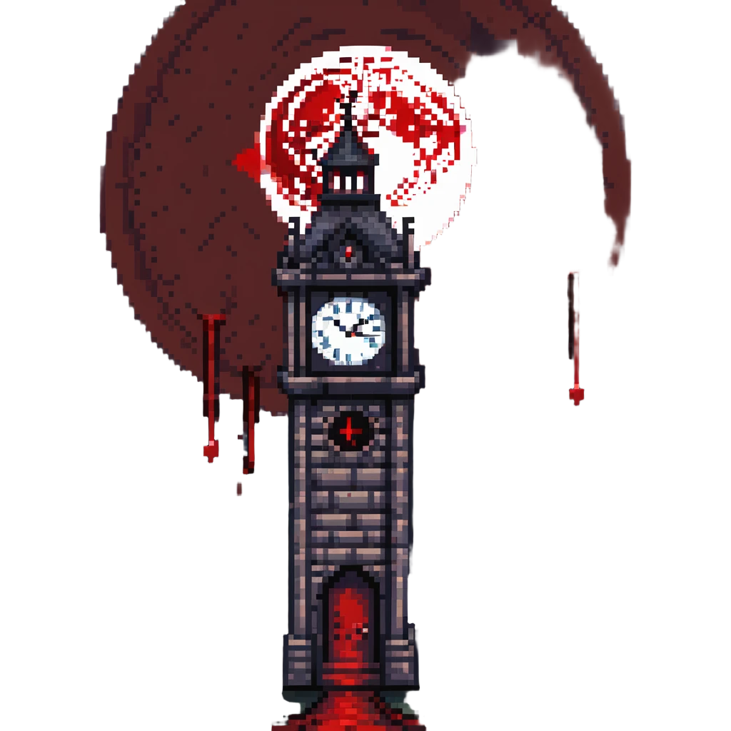 Haunted clocktower with red blood splattered on it, full moon background emoji