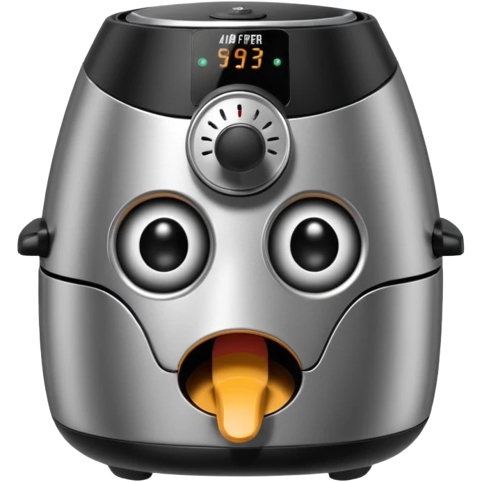 An air fryer with the knobs and handles made to look it's eyes, nose and mouth, hysterically crying with laughter emoji