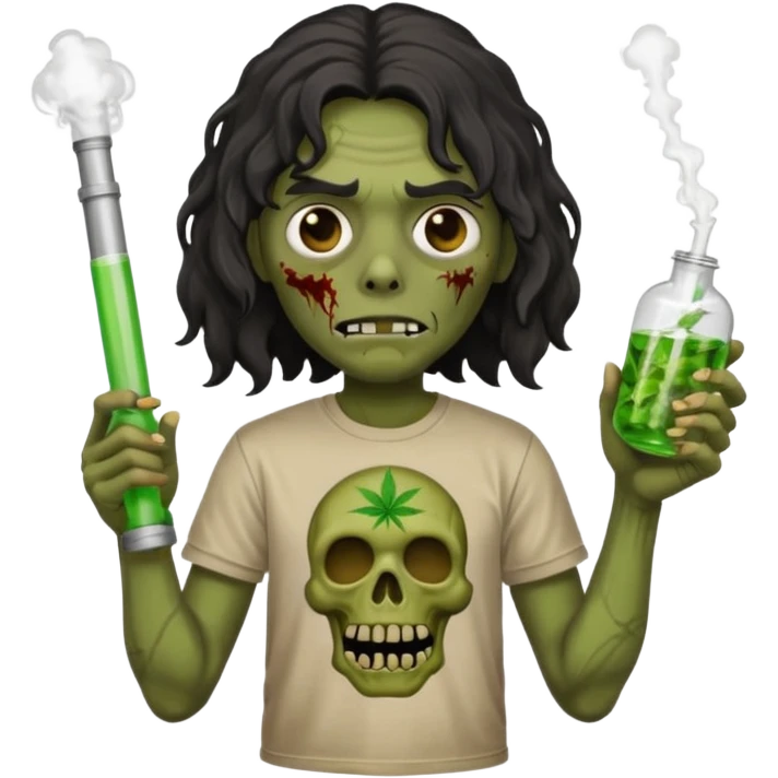 black mid long wavy haired zombie getting stoned with weed t shirt and bong on his hand emoji