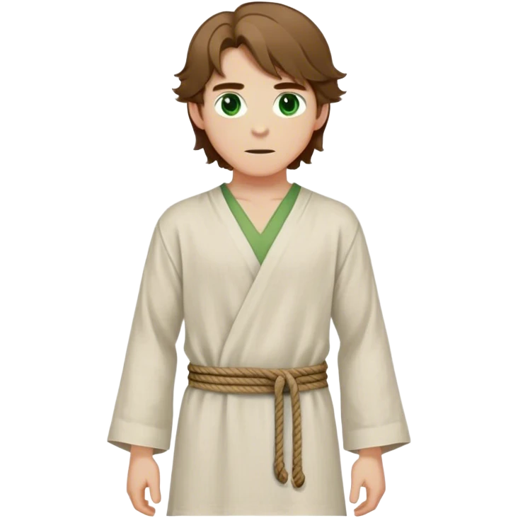 medieval spring outfit worn by a DnD themed fantasy male character. lightweight long-sleeved linen tunic with a simple rope belt, slightly open at the collar. clothes only above the waist. The clothes full waist. The character's haven't arms. character is white-skinned, brown hair, green eyes, shoulder-length wavy hair. emoji