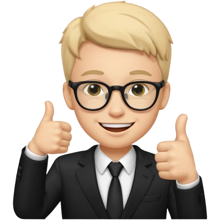 un estudiante con terno negro que este parado con sus lentes guiñando el ojo y CON LAS MANOS HACIA ARRIBA DANDO LIKE emoji