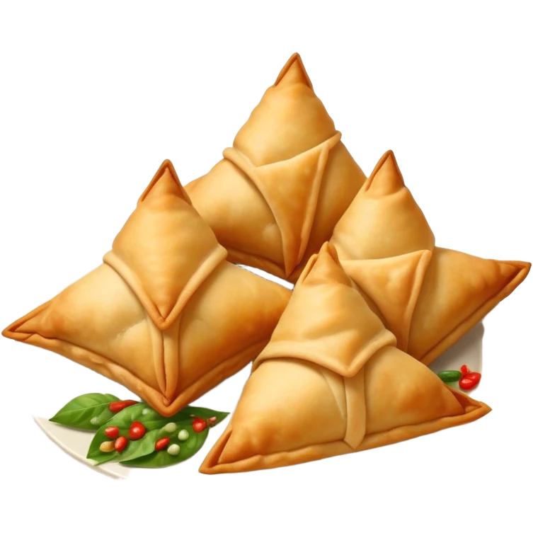 Cinematic Realistic Samosas Dish Emoji, depicted as golden, crispy pastry pockets filled with spiced vegetables rendered with detailed textures and appetizing lighting. emoji