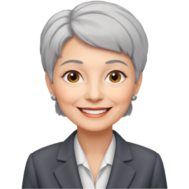 72-year-old professional woman, neat suit, smiling, short hair, friendly impression emoji