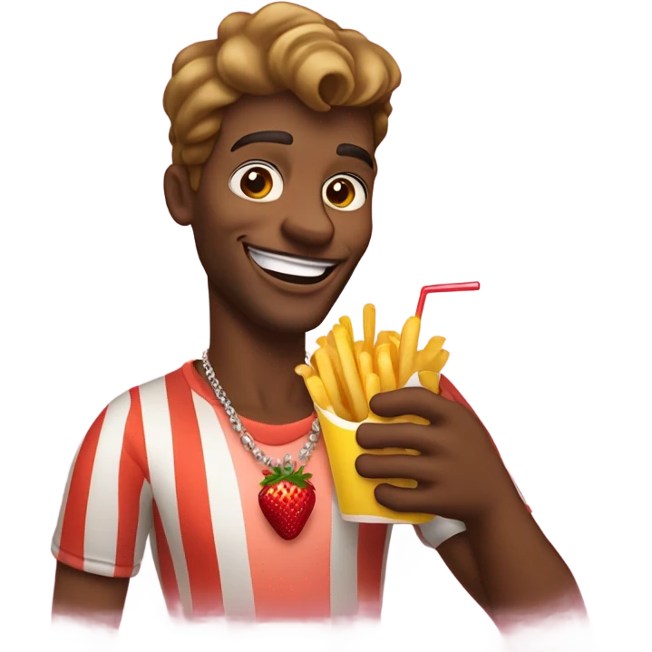 smiling man with jewelry outdoors eating french fries with a strawberry lemonade in his hand emoji