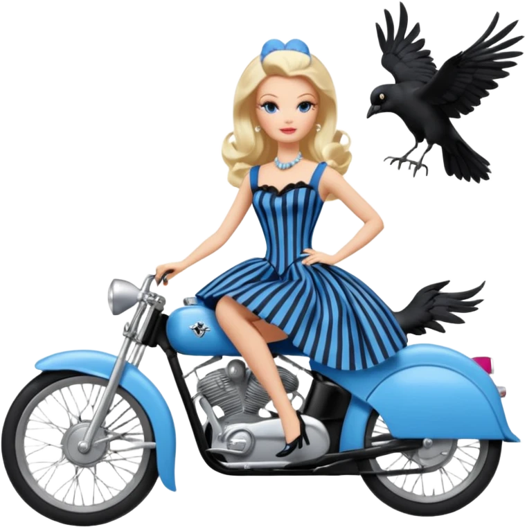 Blonde Silkstone Marie Antoinette Barbie enid sinclair from academy in a blue and black vertically-striped classic dress. riding hot rod bikes with crows emoji