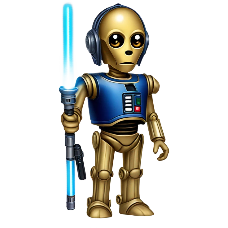 darkblue-pearl friendly smiling bounty hunter c3po droid wearing backpack, saddlebags and light saber ready to fight at ease. steampunk emoji