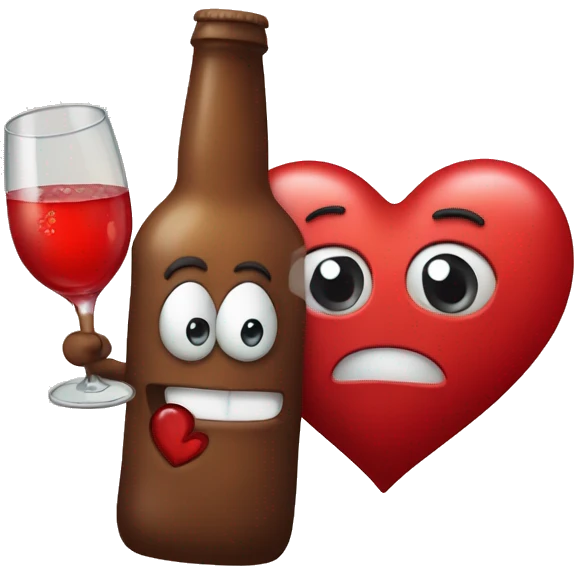 A red heart ❤️ with eyes, a mouth, and hands, tipsy and drunk, holding a bottle, looking wobbly and playful emoji