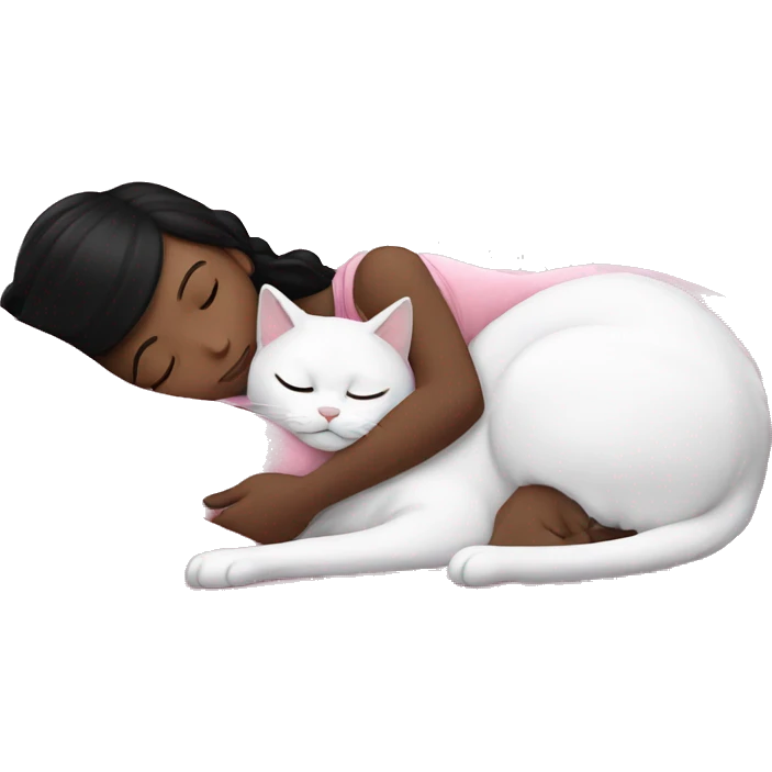 White girl with black hair sleeping with white cat under a pink blanket emoji