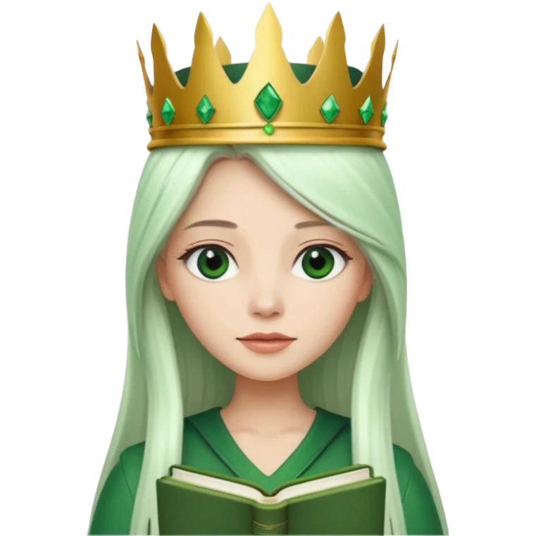 Long Hair Women with green Book, White straight hair, crown

 emoji