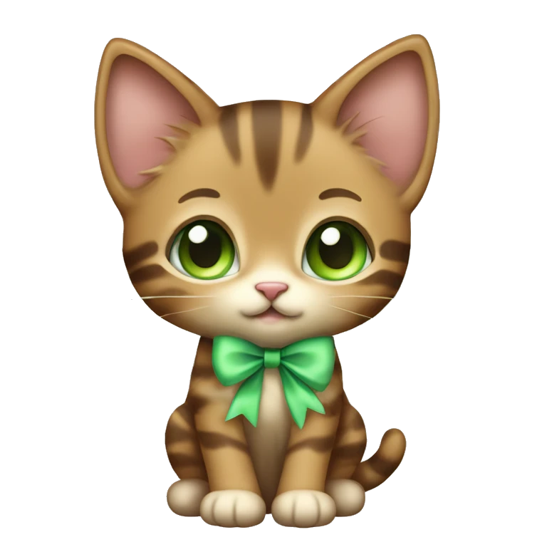 extremely cute kawaii brown tabby girl kitten with green eyes and pastel green bow full body emoji