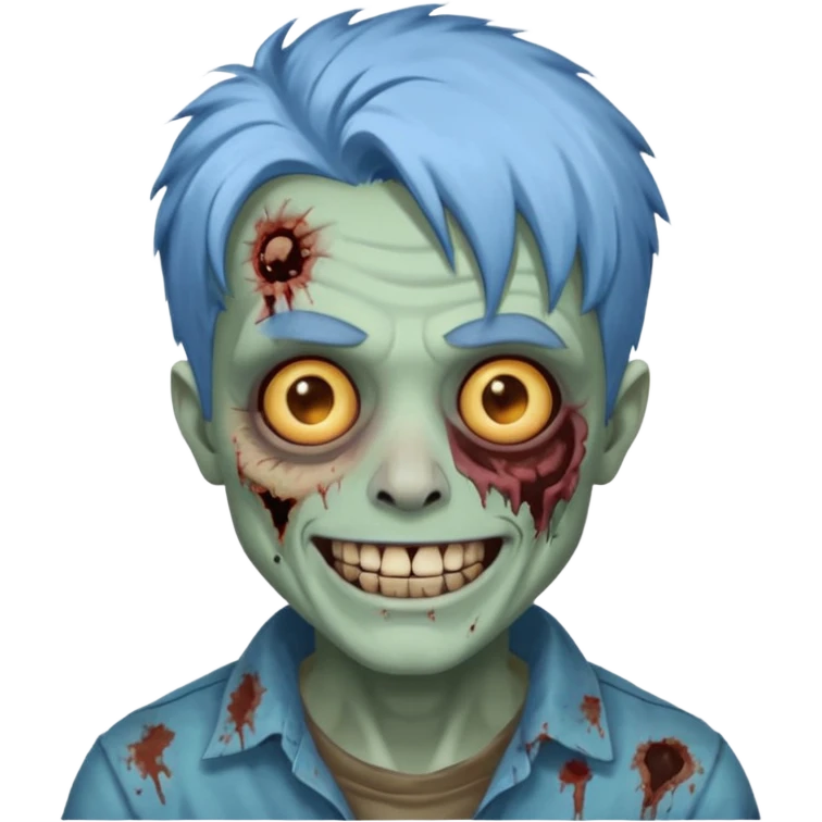 я мужчина, цвет волос пепельно синий, стрижка как у футболиста Yamal сделай меня в стиле зомби и ещё сделай с Улыбкой крутой и поменяй стрижку больше объемной зделай emoji