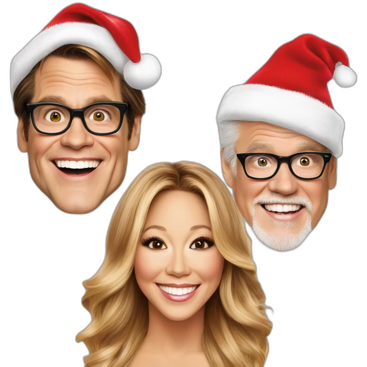 Jim Carrey, Mariah Carey, and Drew Carey wearing santa hats emoji