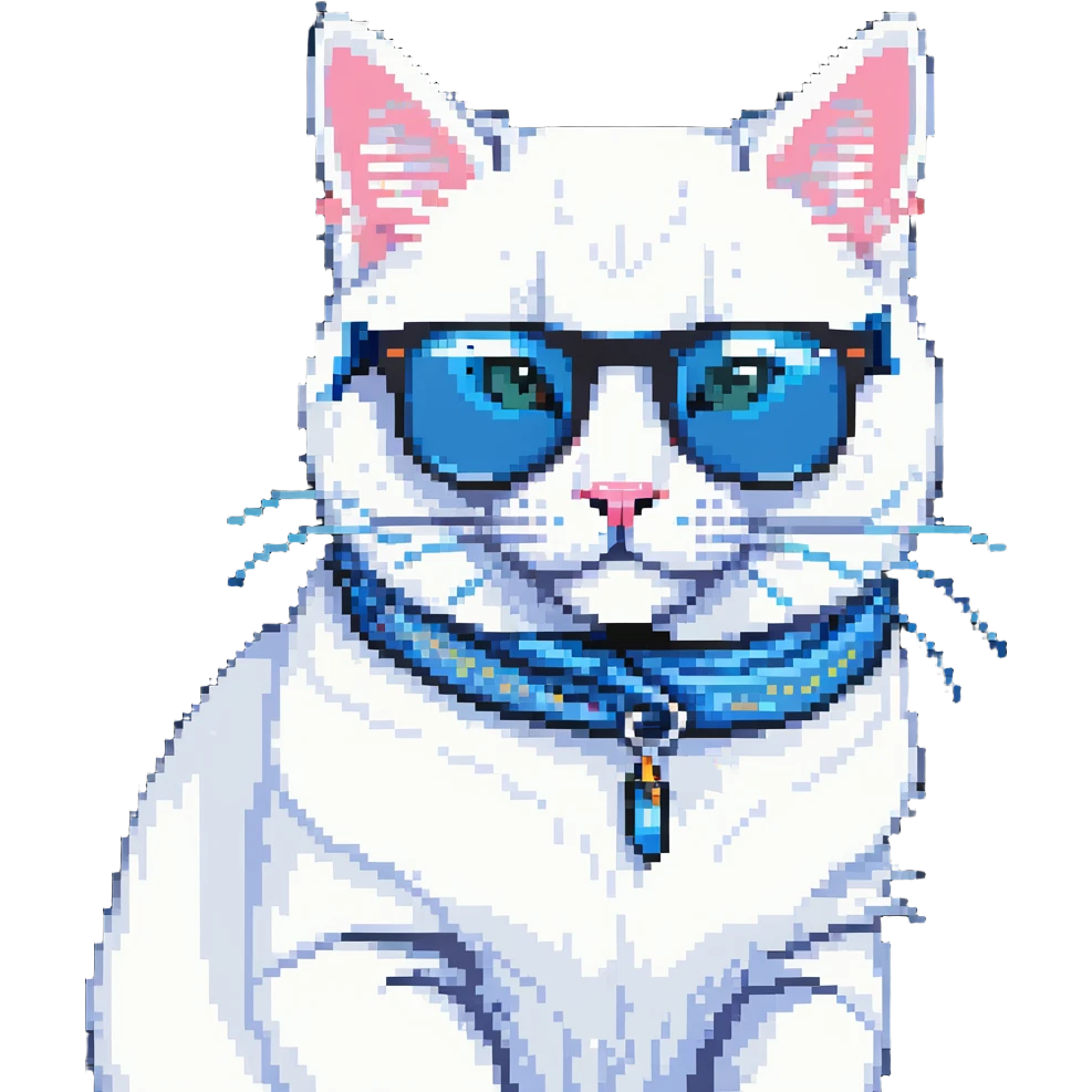 white cat with blue sunglasses, playful expression emoji