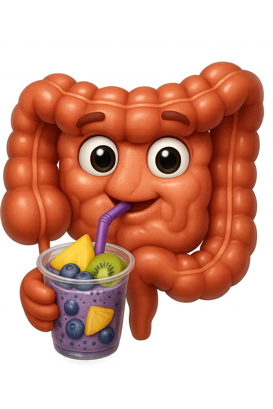 EMOJI STILE IPHONE DI un intestino umano anatomico che beve un frullato di mirtilli, ananas, kiwi, fagli anche la parte bianca degli occhi, non solo le pupille, REALISTICo 4K emoji
