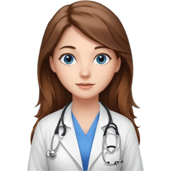 inside a classroom at university that says nursing school on the board with a pretty female nursing student with long brown hair, blue eyes emoji