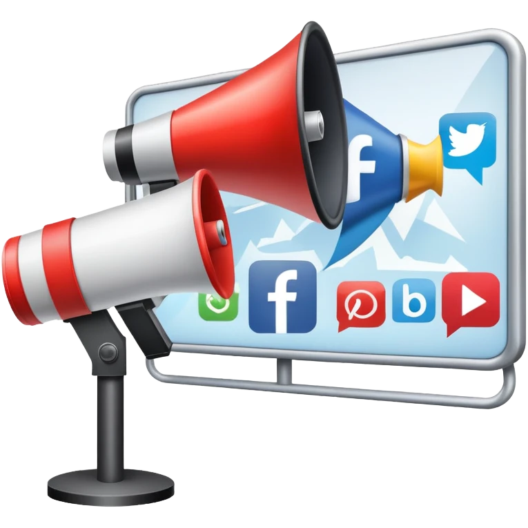 An icon featuring a megaphone, a billboard, and social media icons, symbolizing advertising and public relations. The design includes a press release and a rising graph, representing brand promotion and communication strategies. Transparent background highlights media influence and outreach. emoji