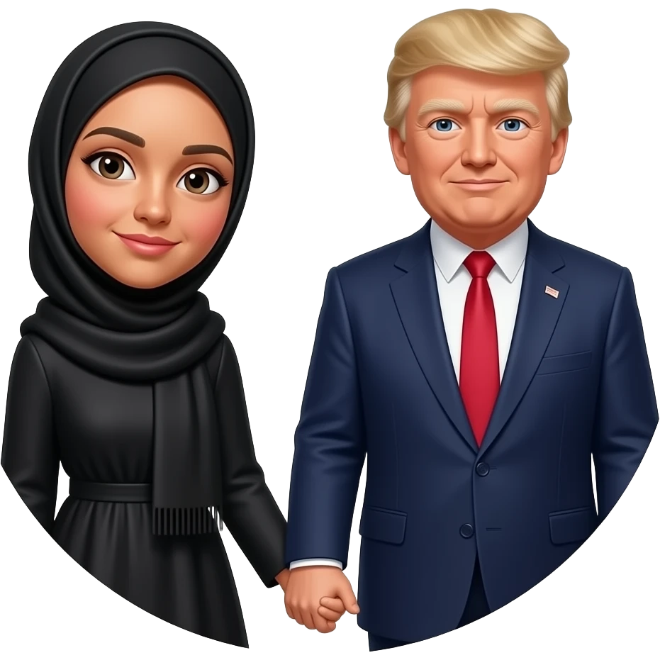 Farheen  in hijab holding hand in trust  a father President Donald Trump and an along in circle with his Talller son Barron Trump emoji