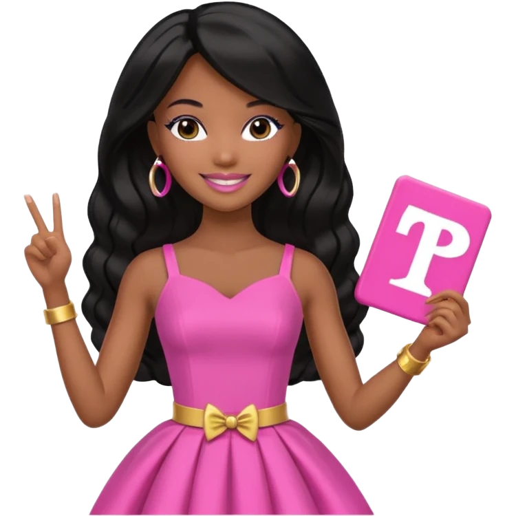 Black barbie, long black  hair, pink dress holding mvp sign  emoji