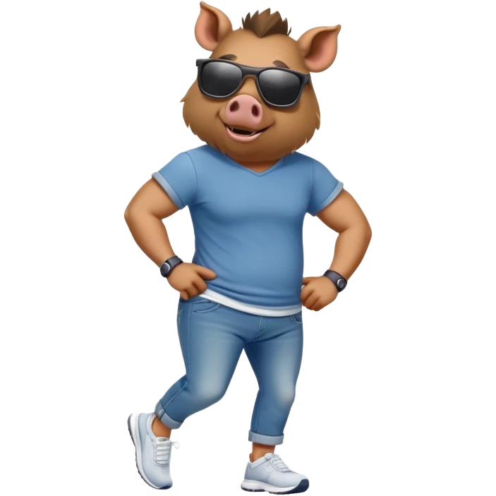 friendly anthropomorphised boar in jeans and a t-shirt, wearing dark sunglasses, jogging upright, relaxed pose emoji