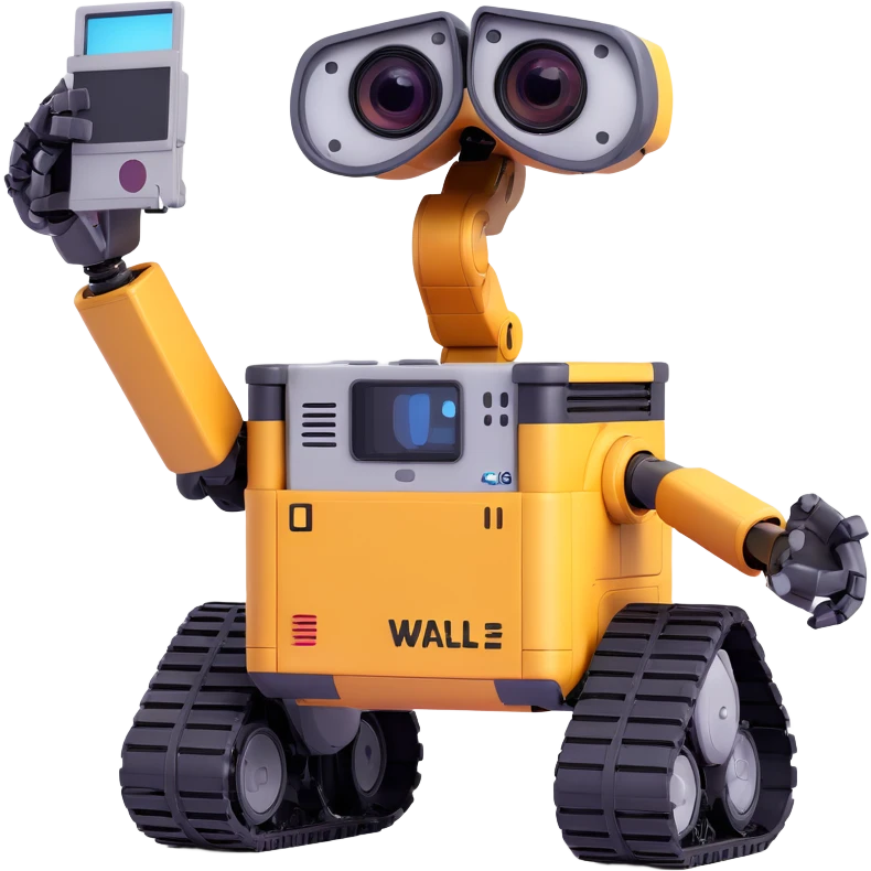 Wall-E robot taking a picture, 3D style, detailed and charming emoji