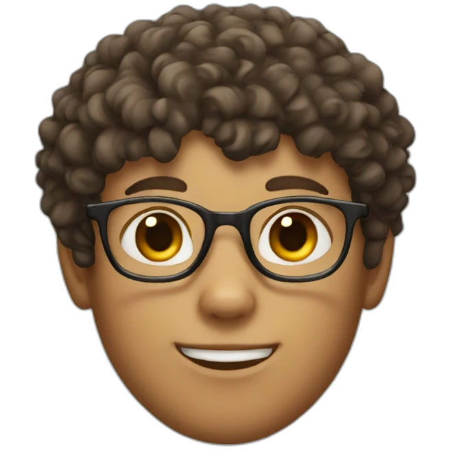 head of a boy with brown curly short hair and white glasses with a dark cat emoji