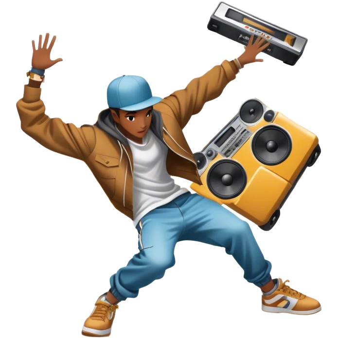 Icon for Street Dance: a dancer in urban streetwear performing a dynamic lower breakdance move, with a spray-painted background and a boombox on the asphalt. The icon should capture the energy, style, and creativity of street dance culture. Transparent background. emoji