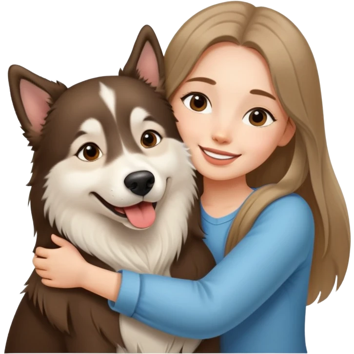 A beautiful girl with long straight hair happily hugs an Alaskan dog emoji