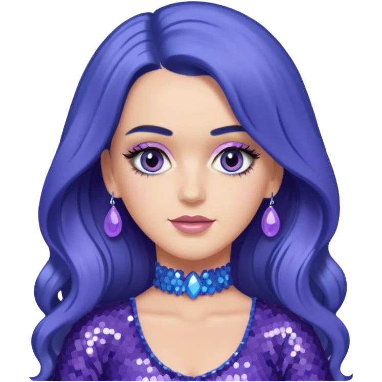 Katy Perry with long indigo hair,  lavender sequin outfit emoji