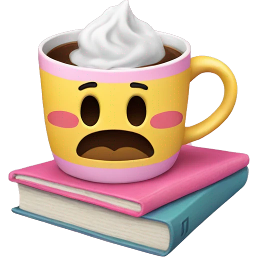 a coffee mug is standing on a pink book emoji