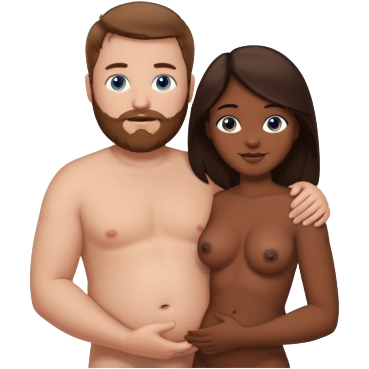 chubby white guy with brown hair and beard and blue eyes, holding a brown girl with long dark hair and dark brown eyes in arms, naked, showing tits emoji