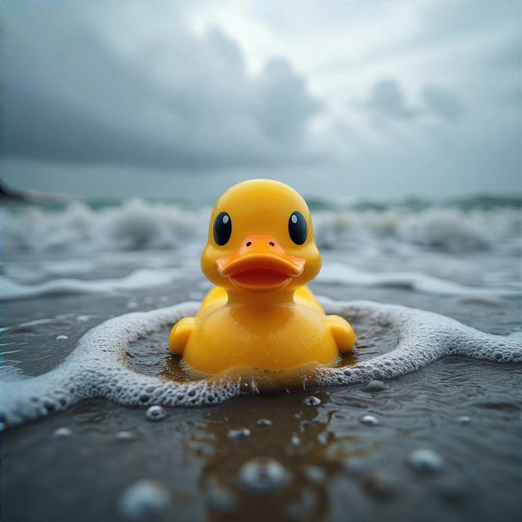 Extreme Closeup shot of Yellow duck toy on ocean during cloudy day, stormy sea, Camera from top, inspired by interstellar emoji