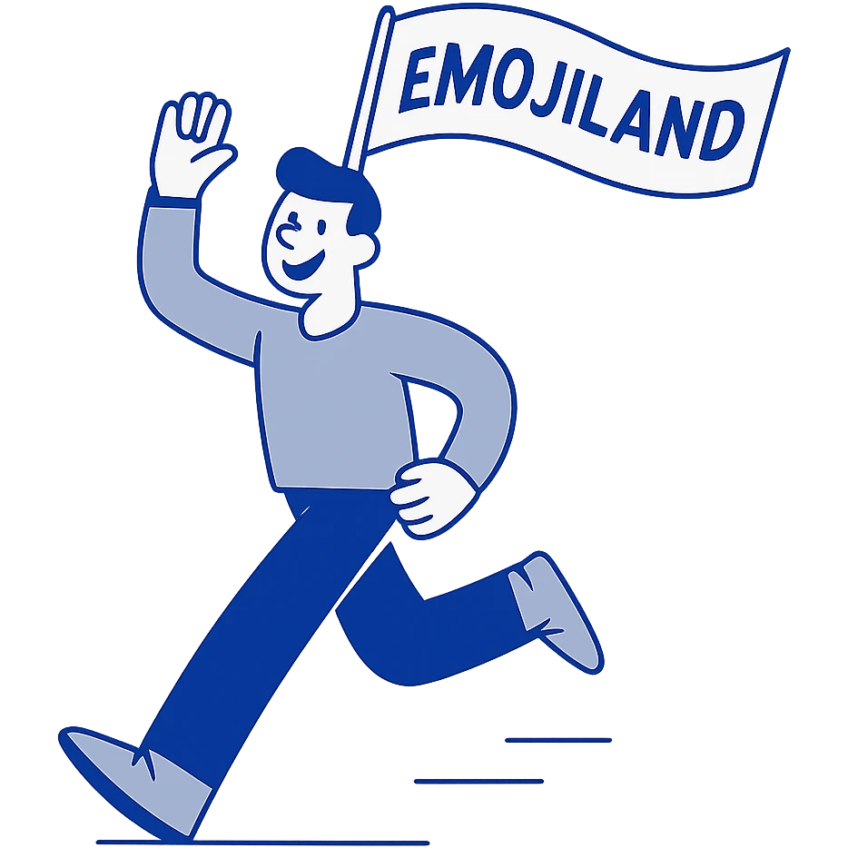 happy runner waving a flag that says 'emojiland' emoji