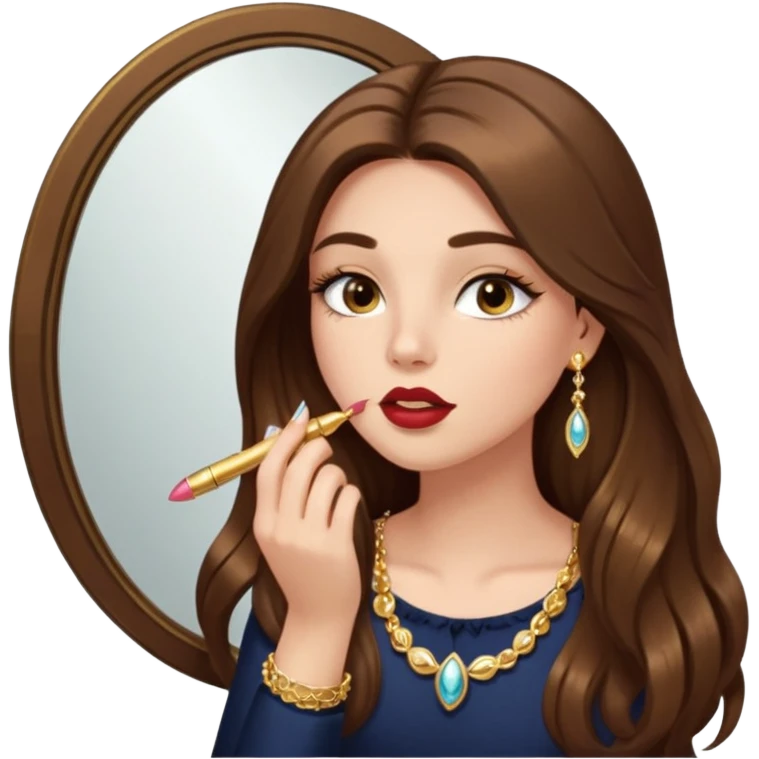 Girl with long brown hair, gold jewelry, and lashes, putting on lipgloss by a mirror  emoji