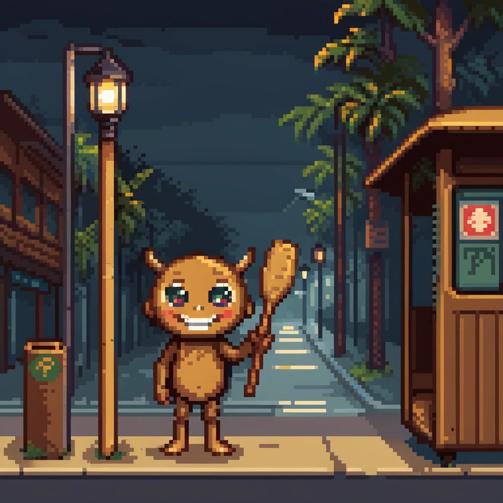 humanoid wooden club with big cartoon eyes and wide smile, barefoot, standing at a dark street bus stop under dim streetlight, holding a bat, background sign 'Pentung Pos Ronda' emoji