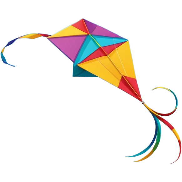 A colorful kite soaring high in the sky on a sunny day, with a long, flowing tail trailing behind. The background features an open field or beach, capturing the joy and freedom of flying kites, with gentle winds and a peaceful atmosphere. emoji