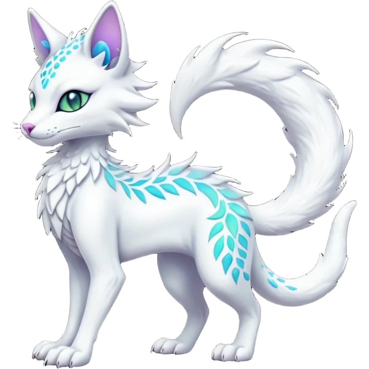 Kawaii white iridescent edgy fantasy feline-vernid-sergal-fursona animal creature with a tufted tail full body with intricate markings  emoji