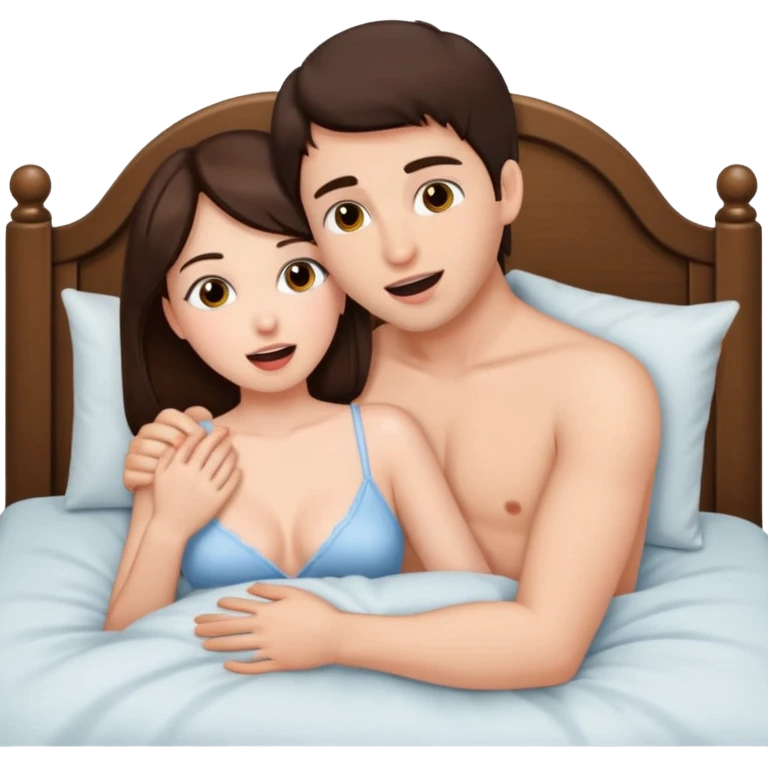 Brunette performing oral sex on a male in bed emoji