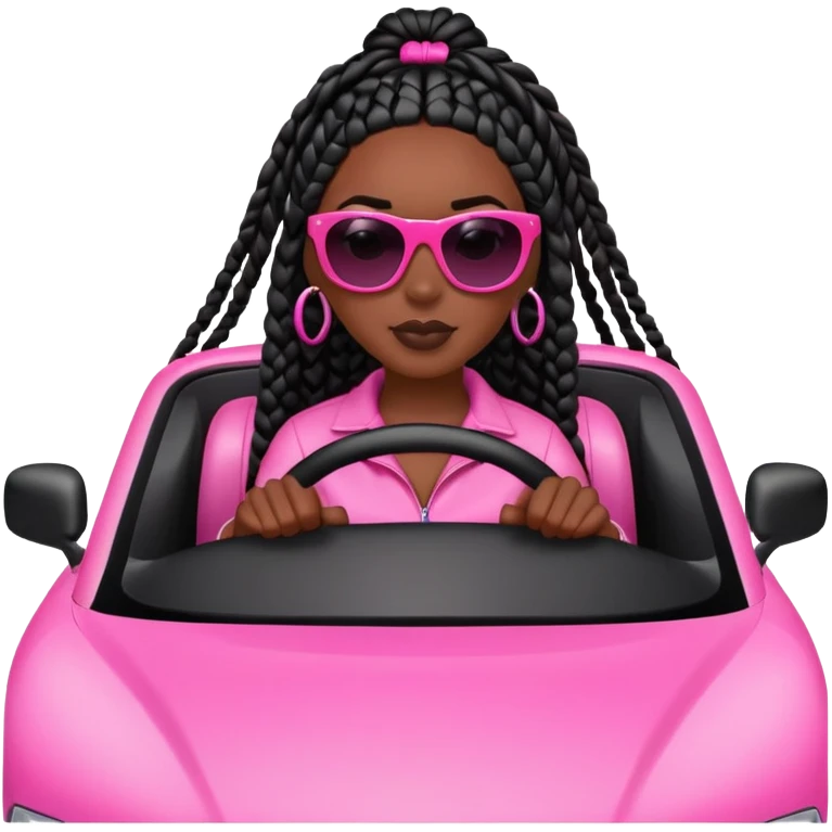 A dark-skinned Black woman with black box braids, driving a pink car emoji