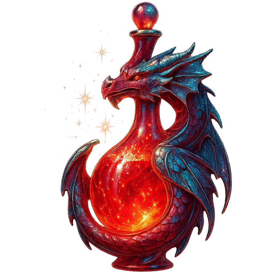 dragon-shaped luxurious elixir bottle, all vibrant red, iridescent and silver details, intense magical glowing and sparkling effects, very small neck, seamless bottom, transparent background, floating, no base or shadow, modern, matching a collection emoji