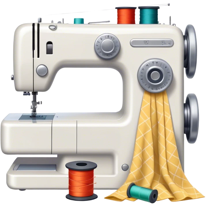 Sewing icon, sewing machine with thread, visible needle, spools of thread, fabric pieces cut according to patterns, measuring tape, pins, scissors, and a dress in progress, minimalistic style, clean lines, transparent background. emoji