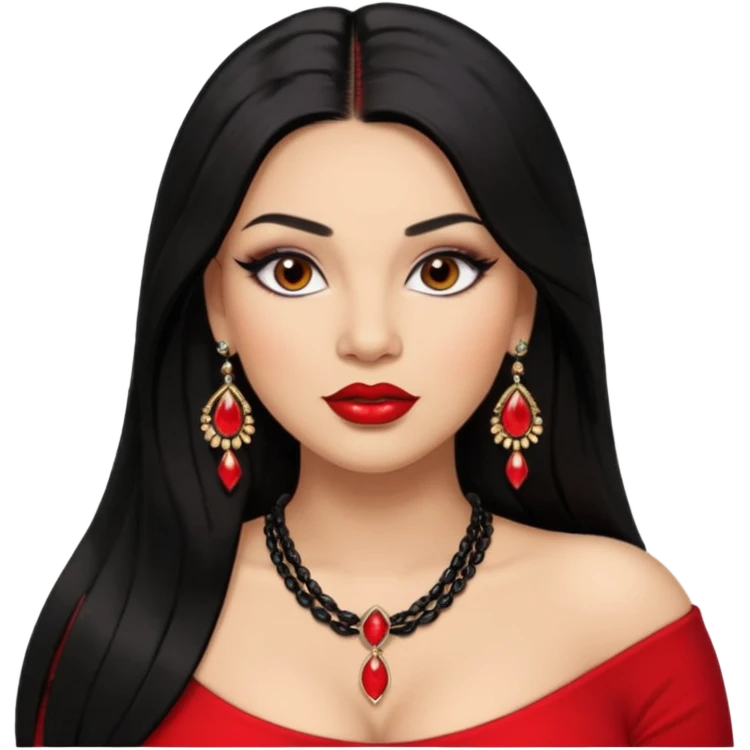 Light skin brown eyes glamorous full figured women black long straight hair red lips necklace and earrings long lashes emoji