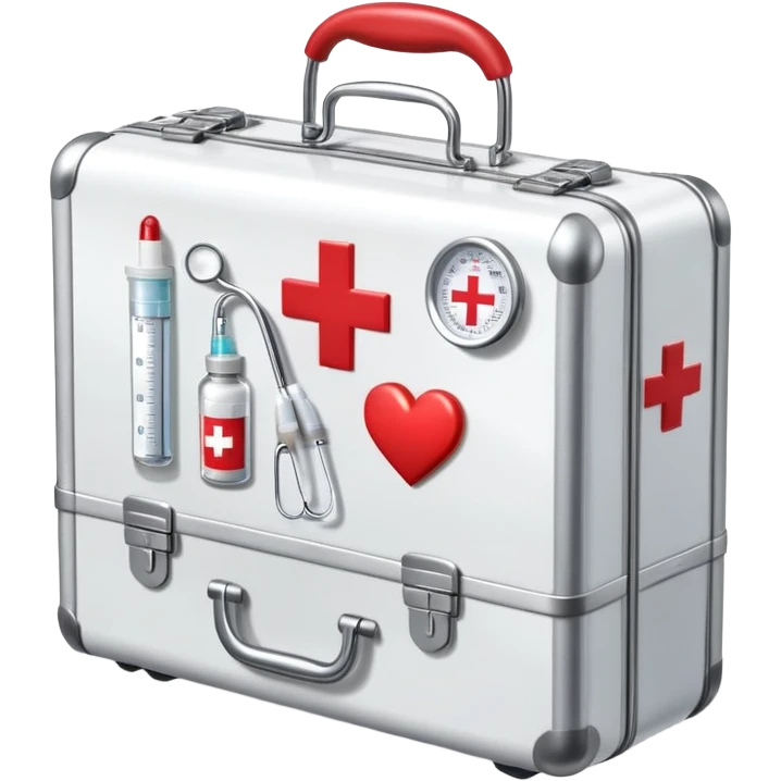 An icon featuring a medical suitcase with a red cross, a bottle of pills, a stethoscope, and a syringe, symbolizing medicine. The design includes a thermometer, bandages, and a heart monitor, representing healthcare and medical treatment. Transparent background highlights the science of healing. emoji