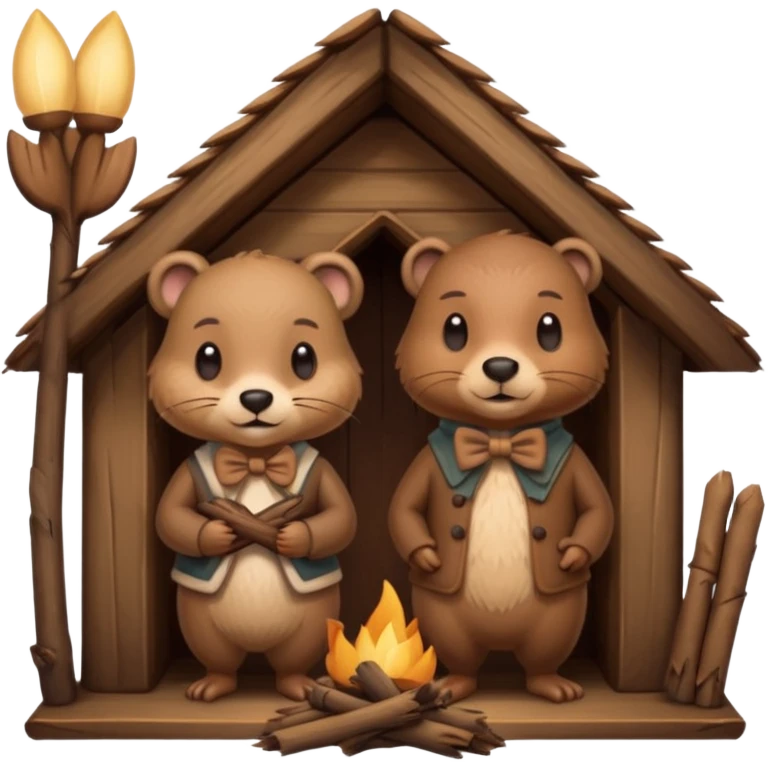  beaver man and female beaver with a bow in a wooden lodge made of sticks emoji
