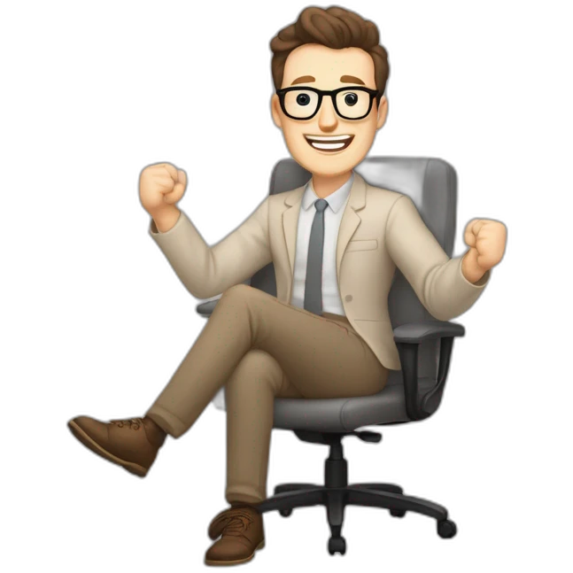 Joyful Celebrating victory Hands up Pale skinned Fit Man With dark brown hair in gray jacket, beige office shirt, Brown pants and vintage glasses sitting In a soft chair emoji