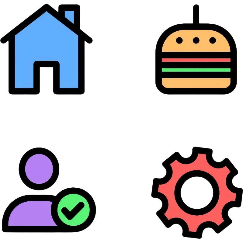 Website icon set with colorful icons: blue home icon, orange magnifying glass search icon, green hamburger menu icon, purple profile/user icon, and red gear settings icon emoji
