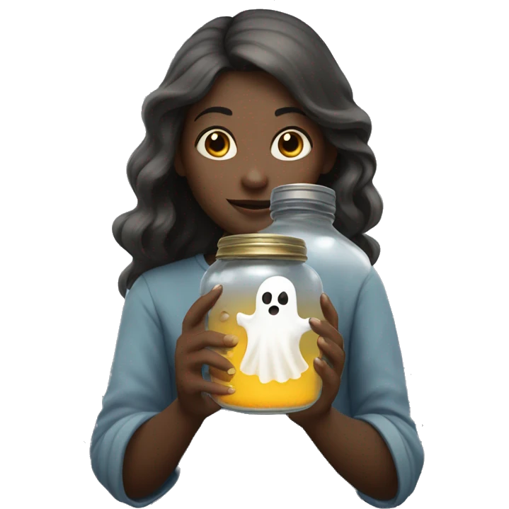 A girl holds a jar with a ghost in her hands emoji